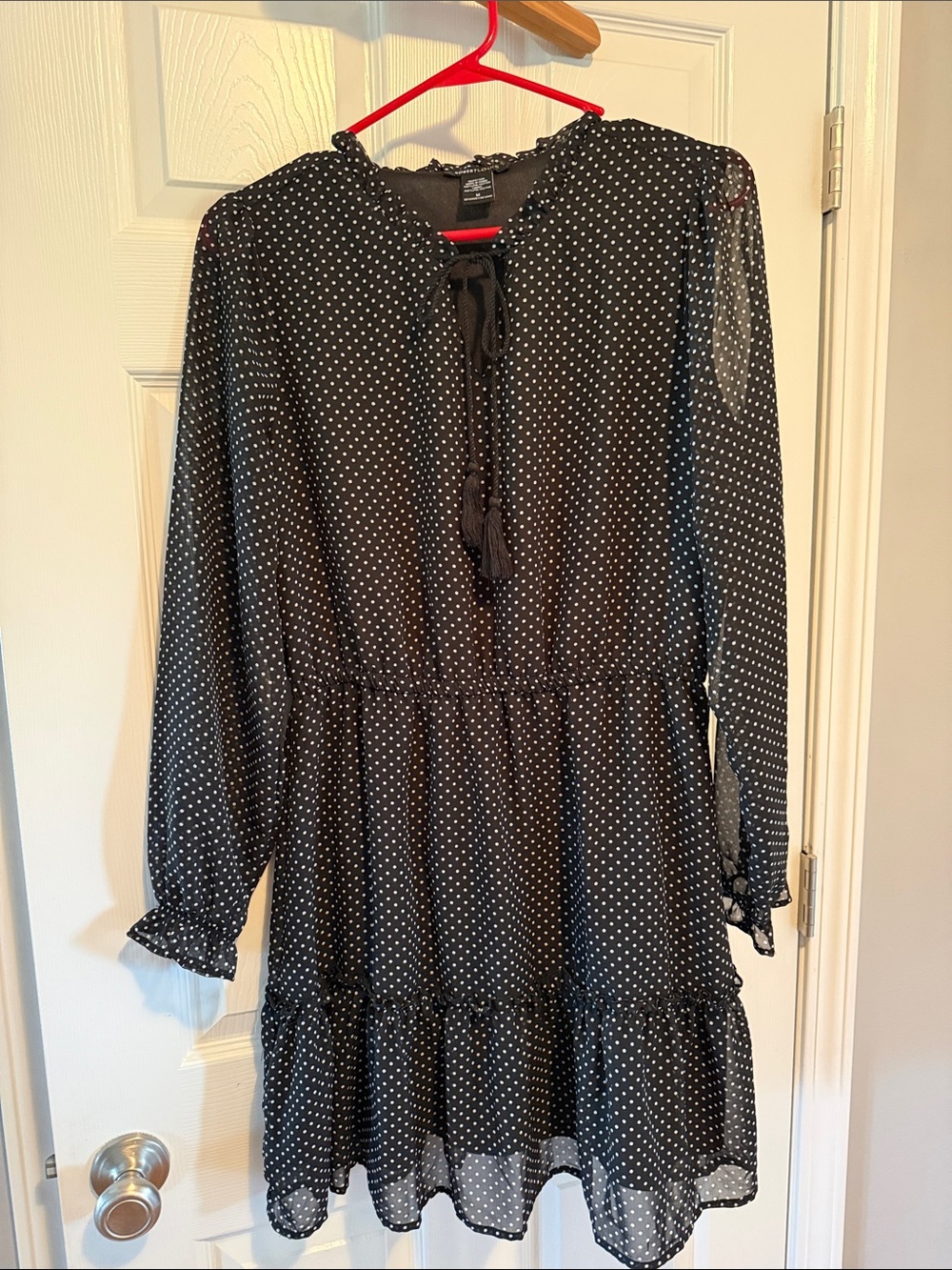 Robert Louis Black and White Polka Dot Long-Sleeve Ruffle Dress